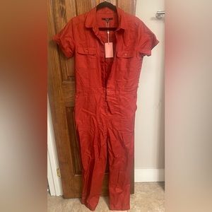 NWT Quince Cotton Linen Twill Short Sleeve Coverall Jumpsuit | Rust